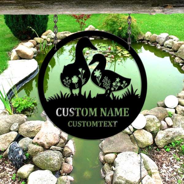 Custom Flower Ducks Metal Wall Art, Personalized Duck Farm Metal Name Sign, Duck Farmhouse Metal Outdoor Decor, Gift For Duck Lover