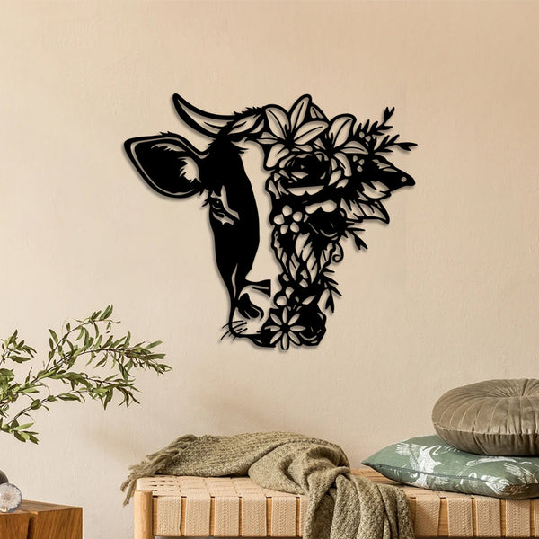 Floral Dairy Cow Metal Wall Art, Dairy Cow With Flower Metal Sign, Cow Farm Metal Sign, Dairy Cow Metal Art Housewarming Gift