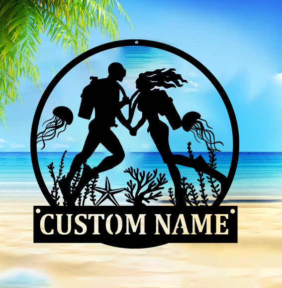 Custom Couple Scuba Diving Monogram Metal Wall Art, Personalized Scuba Diver Metal Name Sign, Scuba Diving Metal Wall Hanging Sign