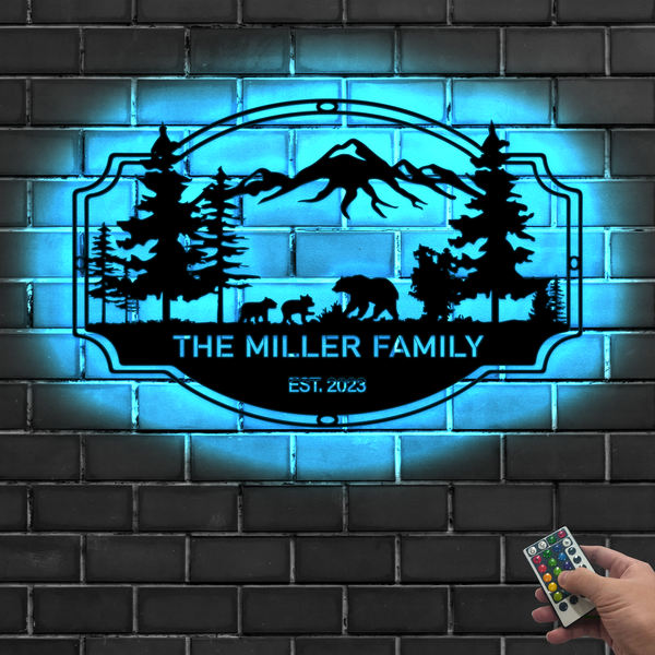 Personalized Forest Mountain Bears Metal Sign Led Lights, Custom Family Name Nature Wild Bear Metal Wall Art, Bears In Woods Metal Cabin Sign