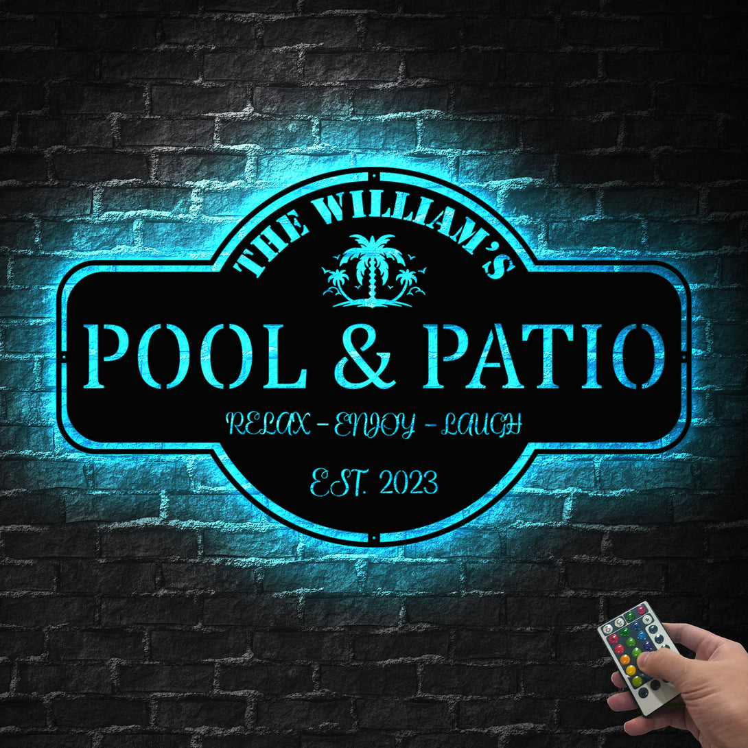 Personalized Pool & Patio Metal Sign With Led Lights, Custom Poolside Patio Metal Name Sign, Backyard Pool Swimming Pool Metal Decor