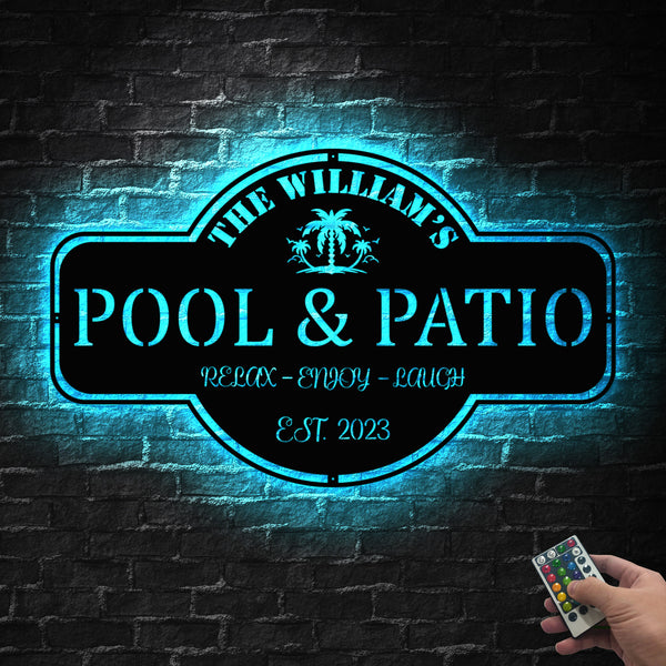Personalized Pool & Patio Metal Sign With Led Lights, Custom Poolside Patio Metal Name Sign, Backyard Pool Swimming Pool Metal Decor