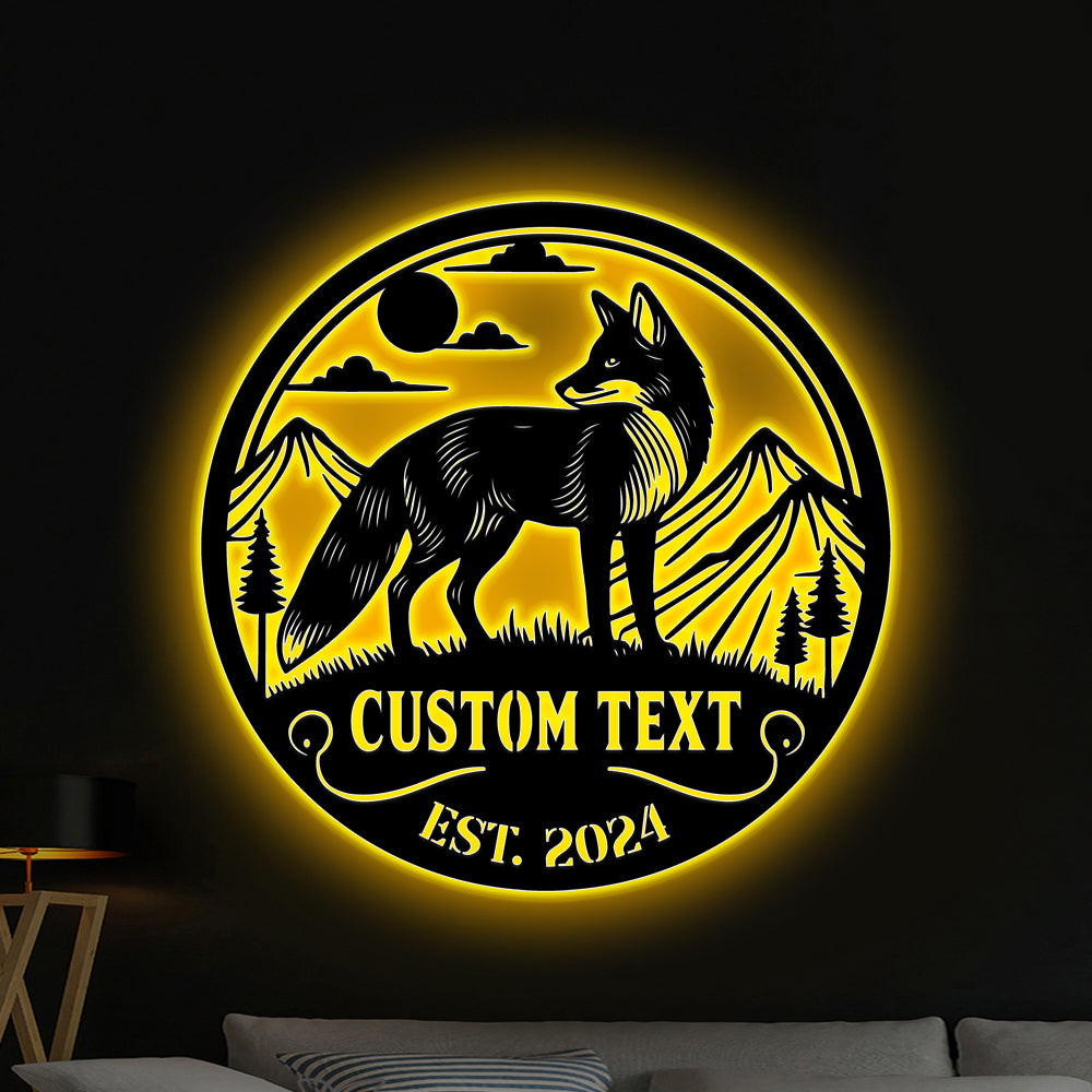 Custom Fox Mountain Scene Metal Wall Art Led Lights, Personalized Fox Metal Sign Cabin Decor, Wild Fox Metal Wall Hanging Cabin Outdoor Decor