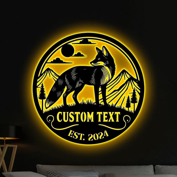 Custom Fox Mountain Scene Metal Wall Art Led Lights, Personalized Fox Metal Sign Cabin Decor, Wild Fox Metal Wall Hanging Cabin Outdoor Decor