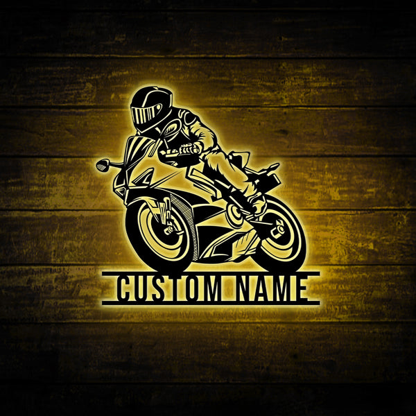 Custom Name Motorcycle Metal Wall Art With Led Lights, Personalized Motorbike Racing Metal Sign, Motorcycle Racing Metal Wall Hanging Garage Decor