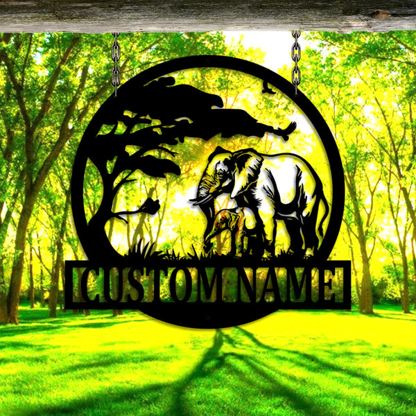 Personalized Wild Elephant And Calf Metal Wall Art, Custom Elephant Family Metal Name Sign, Safari Forest Wildlife Elephant Metal Sign Home Decor