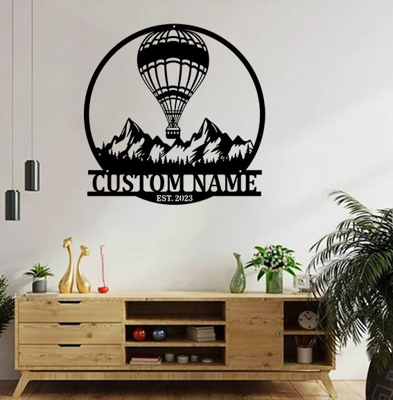 Custom Hot Air Balloon Mountain Scene Metal Wall Art, Personalized Name Air Balloon Metal Sign, Hot Air Balloon Metal Art Housewarming Home Decor