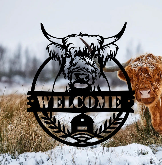 Custom Highland Cow Metal Farm Sign, Highland Cow Metal Wall Art, Personalized Highland Cow Farm Metal Welcome Sign, Cow Barn Metal Farm Decor