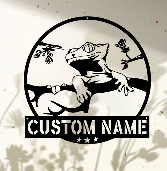 Custom Crested Gecko Metal Wall Art, Personalized Ledge Lizard Metal Name Sign, Lizard Metal Wall Art, Pet Animal Kid Nursery Metal Decor