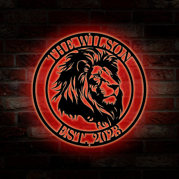 Personalized Lion Head Metal Sign With Led Lights, Custom Name Lion Monogram Metal Wall Art Decor, Lion Head Metal Led Sign Home Decor