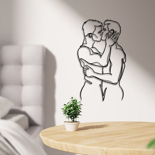 Kissing Gay Couple Metal Wall Art, Gay Couple Metal Line Art Wall Hanging Decor, Lgbtq Minimalist Metal Art, Modern Gay Make Love Metal Line Art