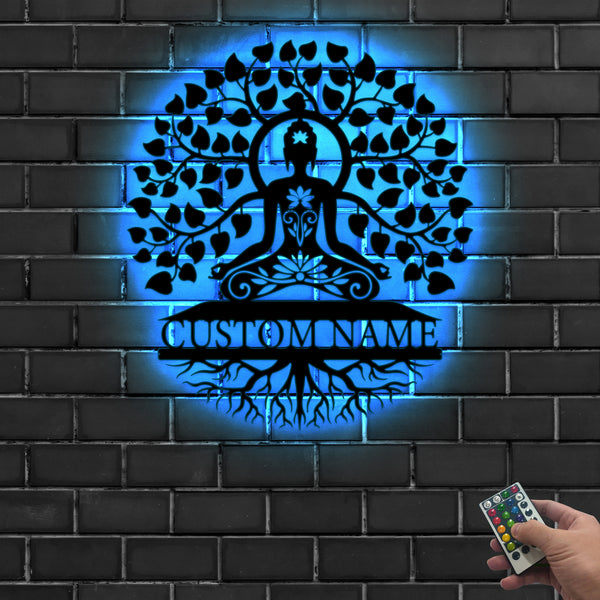 Custom Buddha Meditation Tree Of Life Metal Wall Art Led Lights, Buddha Zen House Yoga Studio Metal Decor, Spiritual Buddhism Metal Sign Art