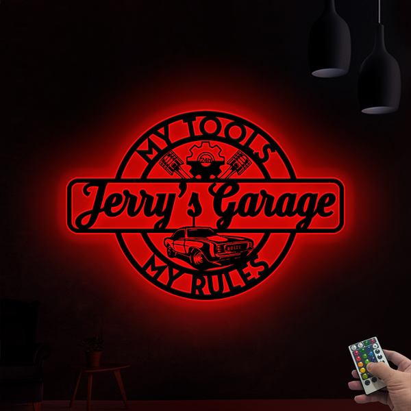 Custom Name Car Garage Mechanic Metal Sign Led Lights, Personalized Workshop Metal Name Sign, Mechanic Garage My Tools My Rules Metal Wall Art