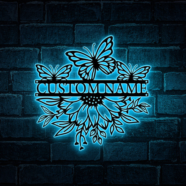 Custom Butterfly With Sunflowers Garden Sign Led Lights, Sunflowers Butterfly Metal Wall Art, Sunflowers Metal Art Outdoor Garden Decor