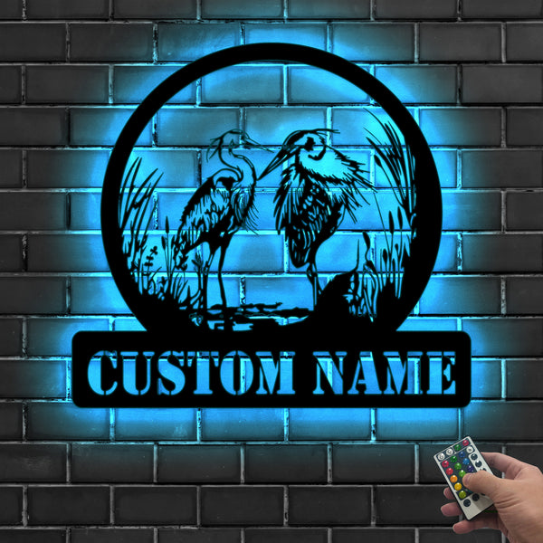 Custom Couple Heron Bird Metal Wall Art Led Lights, Personalized Heron Pond View Metal Sign Home Decor, Heron Bird Metal Led Sign