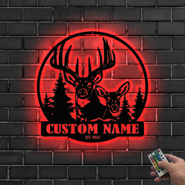 Custom Forest Deer Metal Wall Art Led Lights, Personalized Deer Hunter Metal Name Sign Home Decor, Deer Hunting Cabin Metal Wall Hanging Decor