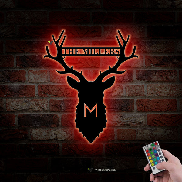 Personalized Buck Deer Last Name Metal Sign Led Lights, Custom Name Deer Hunting Metal Cabin Sign, Deer Head Monogram Metal Wall Art