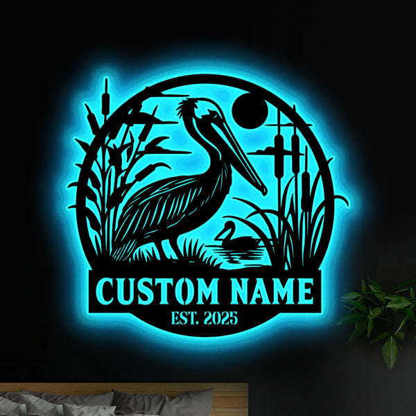 Custom Cattails Pelican Metal Sign With Led Lights, Personalized Wild Pelican Metal Sign Art, Pelican With Cattails Pond Metal Sign Wall Decor