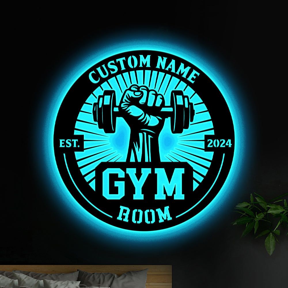 Custom Name Gym Room Metal Sign With Led Lights, Powerlifting Sport Metal Wall Art, Personalized Home Gym Fitness Room Metal Name Sign