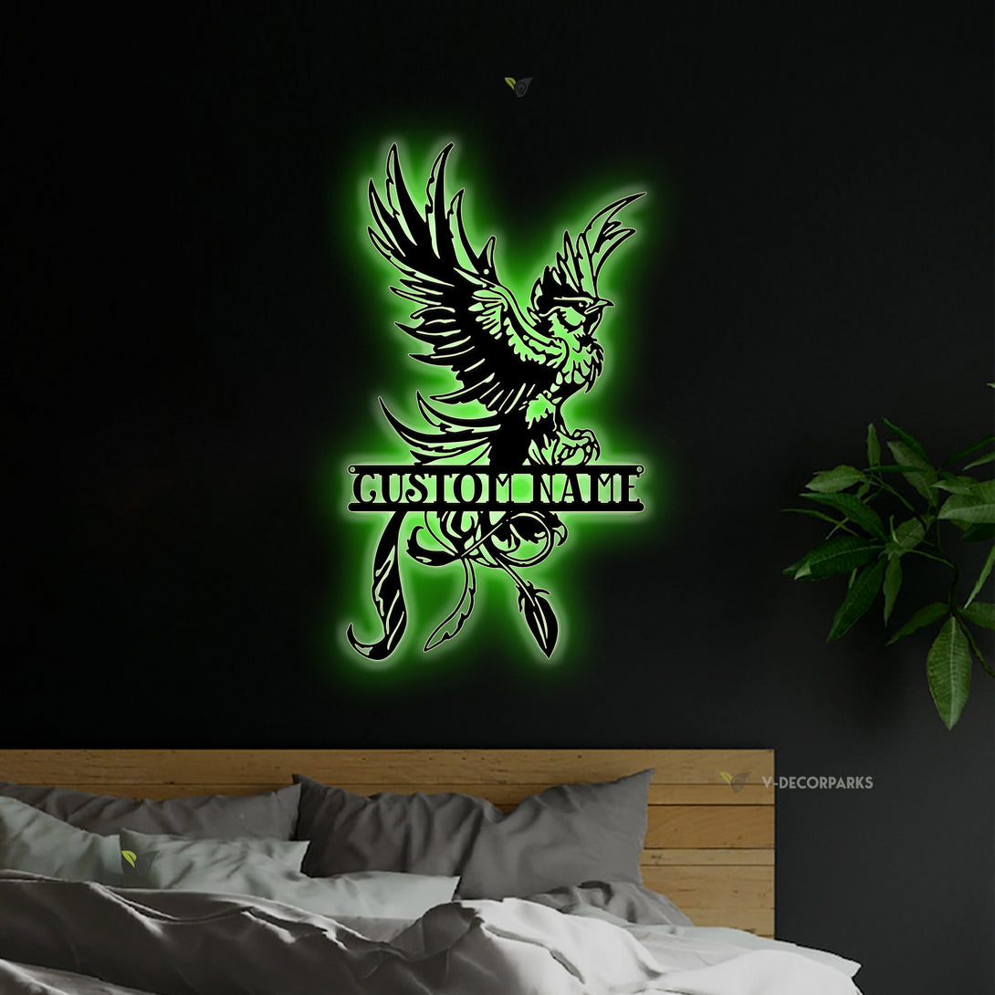 Custom Name Phoenix Metal Wall Art With Led Lights, Personalized Phoenix Metal Sign Wall Hanging Decor, Phoenix Metal Art Housewarming Gift
