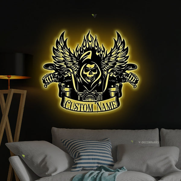 Custom Skull Motorcycle Metal Wall Art With Led Lights, Personalized Biker Skull With Wings Metal Name Sign, Motorcycle Garage Metal Decor