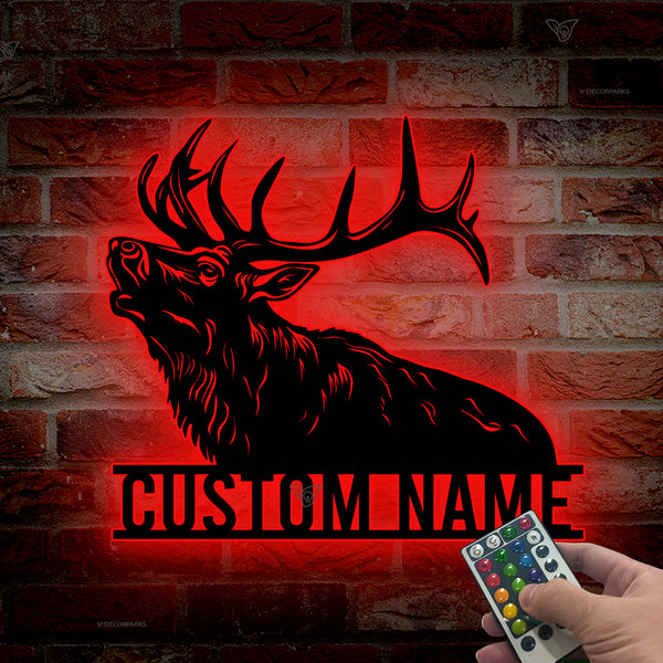 Custom Name Elk Deer Hunting Metal Wall Art Led Lights, Personalized Hunter Name Metal Sign Home Decor, Elk Hunting Rustic Metal Cabin Signs