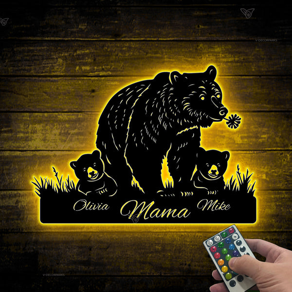 Custom Mama Bear And Cubs Metal Wall Art With Led Lights, Personalized Name Family Bear Metal Sign, Mama Bear And Cubs Metal Sign Cabin Decor