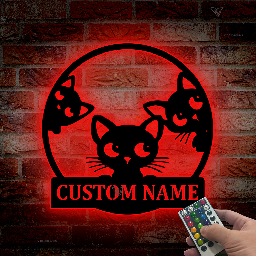 Custom Cute Kitten Metal Wall Art With Led Lights, Personalized Cute Peeking Cat Metal Name Sign, Kitten Welcome Sign Door Hanger, Cat Lover Gift