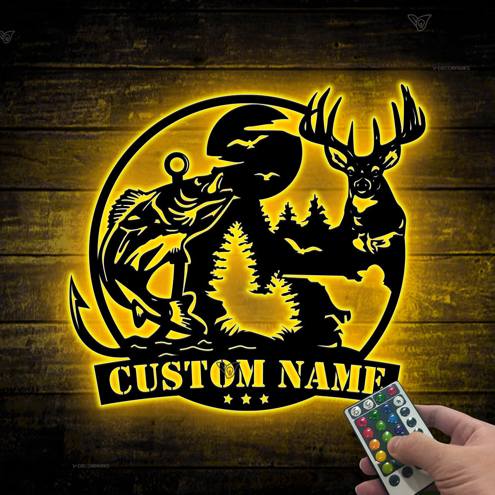 Custom Deer Hunting And Fishing Metal Wall Art Led Lights, Personalized Hunter Metal Name Sign, Wildlife Hunting Outdoor Metal Sign Cabin Decor