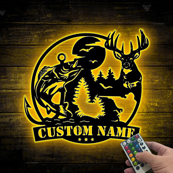 Custom Deer Hunting And Fishing Metal Wall Art Led Lights, Personalized Hunter Metal Name Sign, Wildlife Hunting Outdoor Metal Sign Cabin Decor