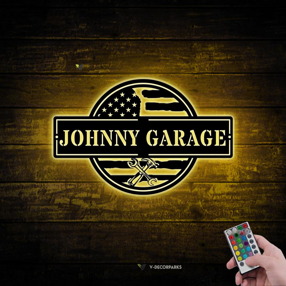 Personalized Us Flag Garage Metal Sign With Led Lights, Custom Name Dad's Garage Metal Wall Hanging Decor, Papa Workshop Garage Metal Wall Art
