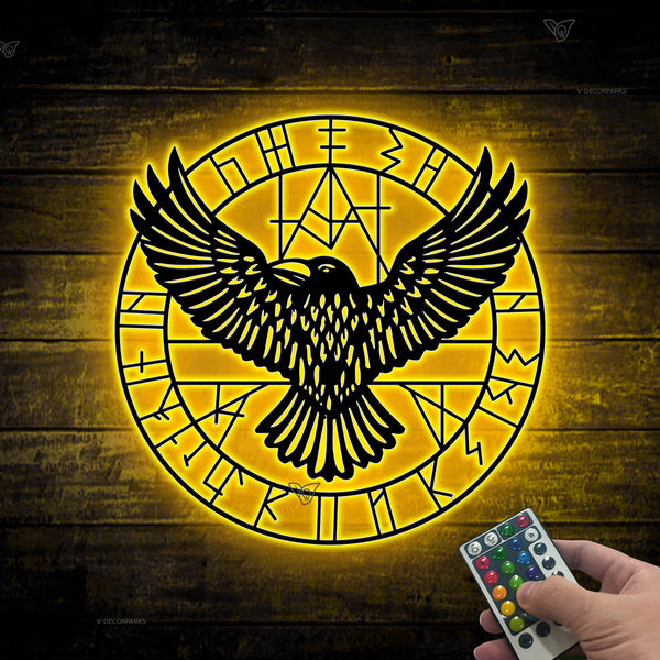 Vegvisir Viking Runes With Raven Metal Wall Art With Led Lights, Raven Nordic Viking Symbol Metal Sign, Viking Crow Norse Mythology Metal Art