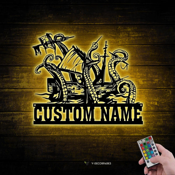 Custom Ship Octopus Tentacles Metal Wall Art Led Lights, Personalized Kraken Octopus Metal Name Sign, Ocean Sea Monster Metal Home Decor