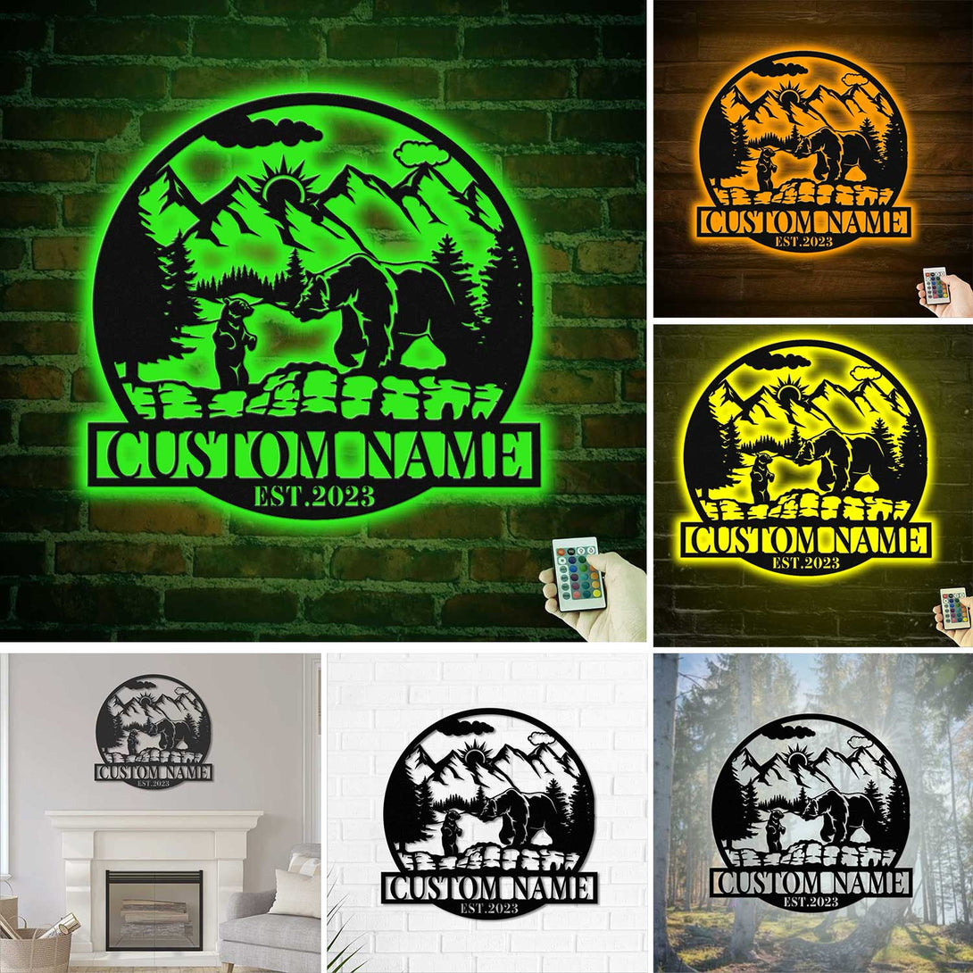 Personalized Forest Mountain Bear Metal Wall Art Led Lights, Custom Rustic Mountain Bear Metal Cabin Sign, Bear Hunting Cabin Lodge Metal Sign