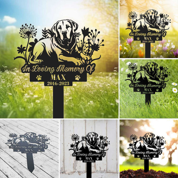 Custom Labrador Retriever Dog Memorial Stake, Dog With Flowers Memorial Plaque With Stake, Pet Metal Grave Markers, Dog Remembrance Sign