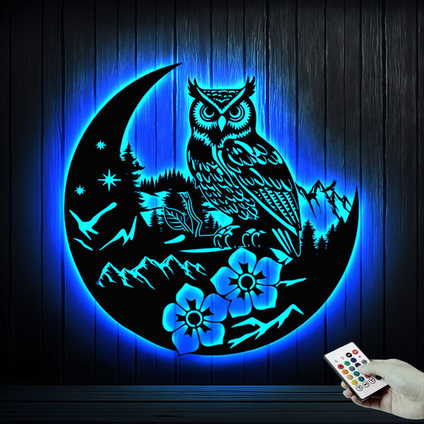 Forest Mountain Owl Moon Metal Wall Art With Led Lights, Mountain Nature Scene Owl On Crescent Moon Metal Sign, Owl On Moon Metal Sign Home Decor