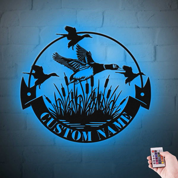 Custom Mallard Duck Hunting Metal Wall Art Led Lights, Personalized Hunter Metal Name Sign, Duck Hunting Cabin Lodge Man Cave Metal Sign Decor