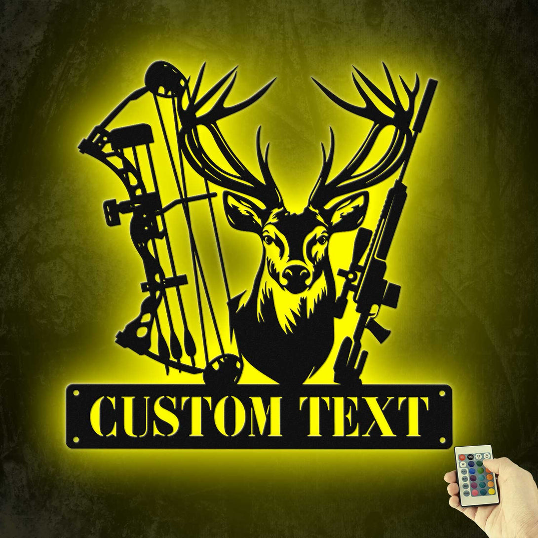 Personalized Bow Hunting Deer Metal Sign Led Lights, Custom Bow Hunter Metal Name Sign, Bow And Rifle Deer Hunting Metal Wall Hanging Cabin Decor