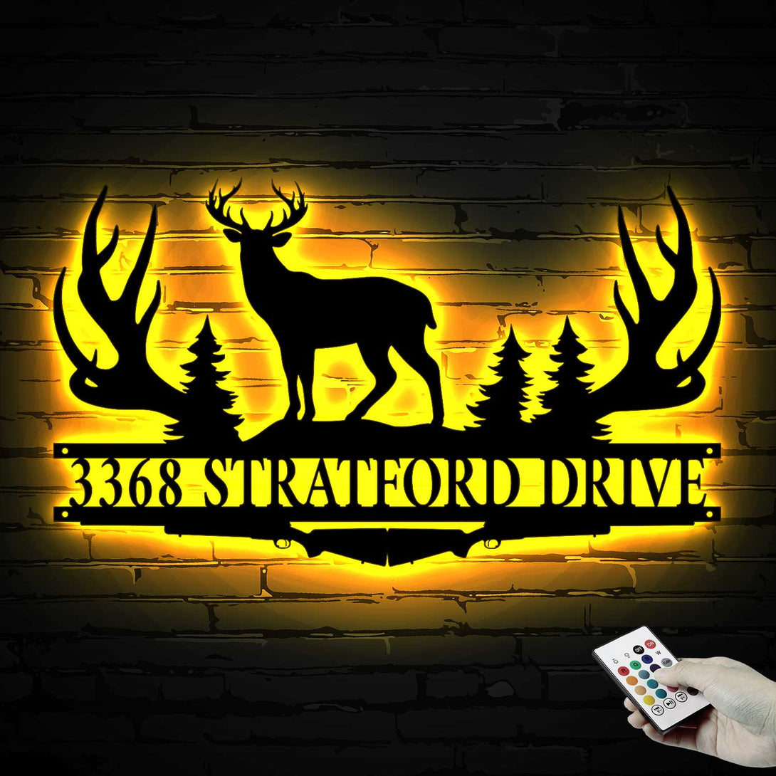 Custom Deer Hunting Monogram Metal Sign Led Lights, Personalized Deer Hunting With Antler Metal Wall Art, Deer Hunting Wall Hanging Cabin Decor