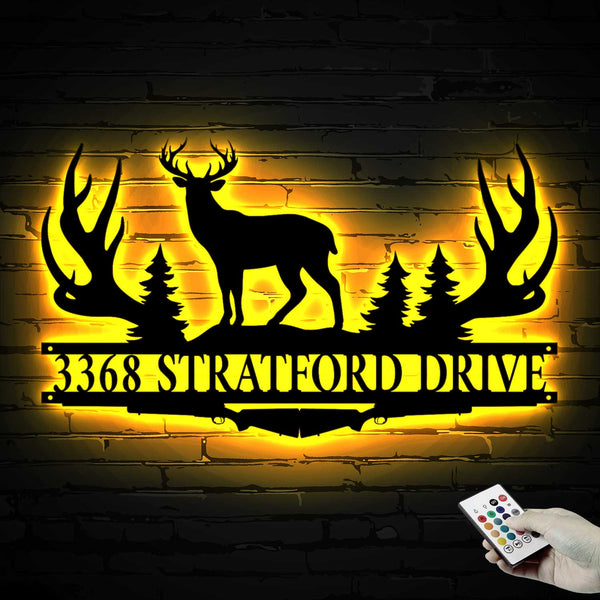 Custom Deer Hunting Monogram Metal Sign Led Lights, Personalized Deer Hunting With Antler Metal Wall Art, Deer Hunting Wall Hanging Cabin Decor