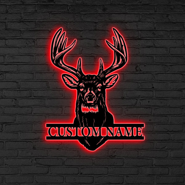 Custom Name Buck Head Metal Wall Art Led Lights, Personalized Deer Head Metal Hunter Name Sign, Deer Hunting Cabin Metal Wall Hanging Decor