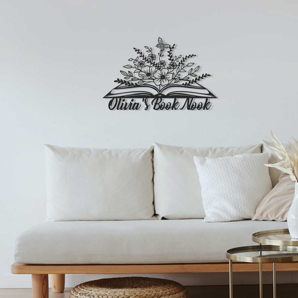 Custom Name Book With Flowers Metal Wall Art, Personalized Book Lovers Metal Name Sign, Book Nook Library Reading Room Metal Wall Sign Decor
