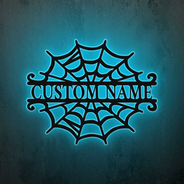 Custom Halloween Spider Web Metal Wall Art Led Lights, Personalized Creepy Spider Web Metal Name Sign, Spider Web Monogram Metal Halloween Decor