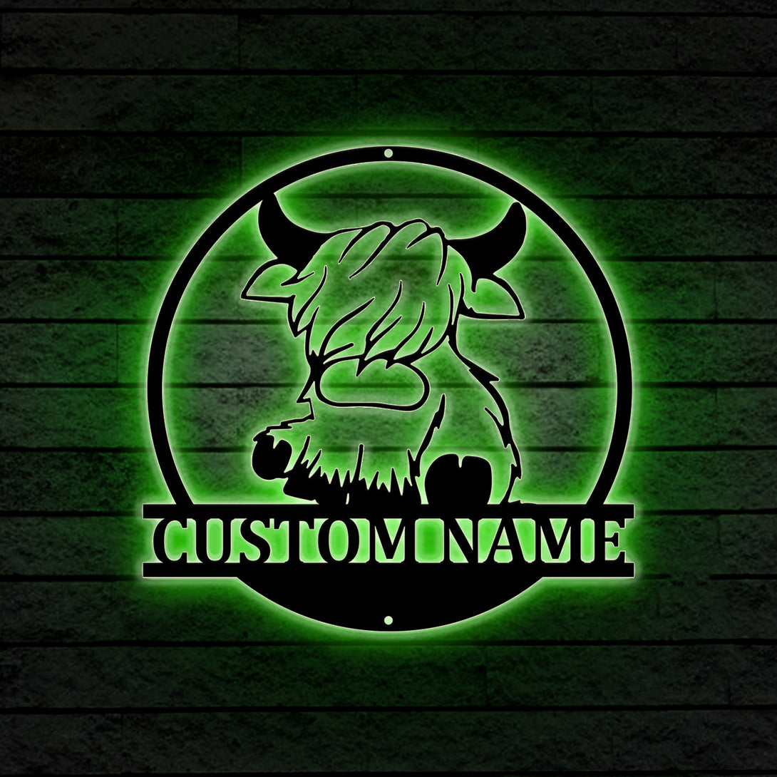 Personalized Baby Highland Cow Metal Sign With Led Lights, Custom Cute Highland Cow Metal Wall Art, Baby Cow Metal Led Sign Home Decor