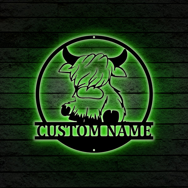 Personalized Baby Highland Cow Metal Sign With Led Lights, Custom Cute Highland Cow Metal Wall Art, Baby Cow Metal Led Sign Home Decor