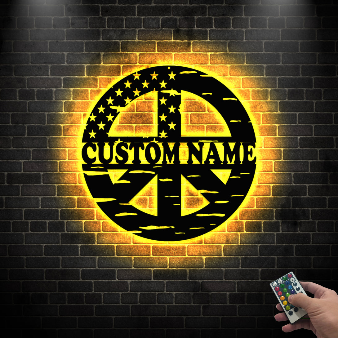 Custom Name American Flag Metal Peace Symbol Sign With Led Lights, Us Stars & Stripes Peace Symbol Metal Wall Art, American Flag Metal Peace Sign