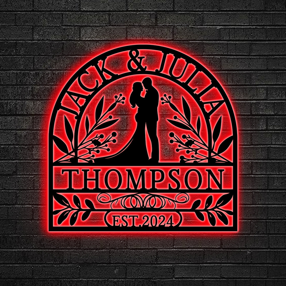Custom Names Wedding Couple Anniversary Metal Sign Led Lights, Personalized Last Name Bride & Groom Metal Wall Art, Custom Engagement Metal Sign