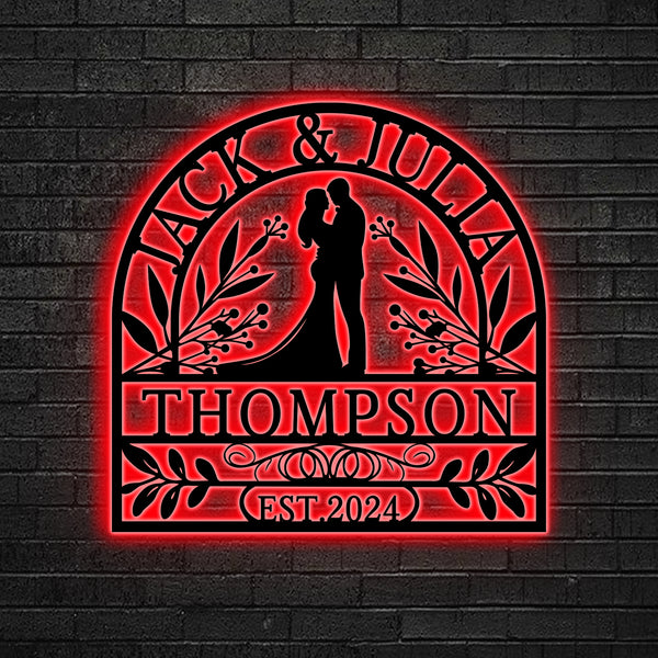 Custom Names Wedding Couple Anniversary Metal Sign Led Lights, Personalized Last Name Bride & Groom Metal Wall Art, Custom Engagement Metal Sign
