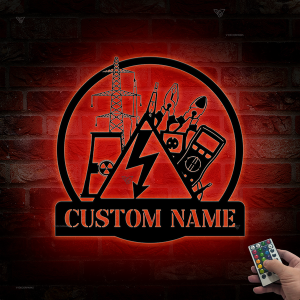 Personalized Electrical Engineer Metal Sign Led Lights, Custom Name Electricians Metal Wall Art, Electrical Tool Lineman Metal Name Sign