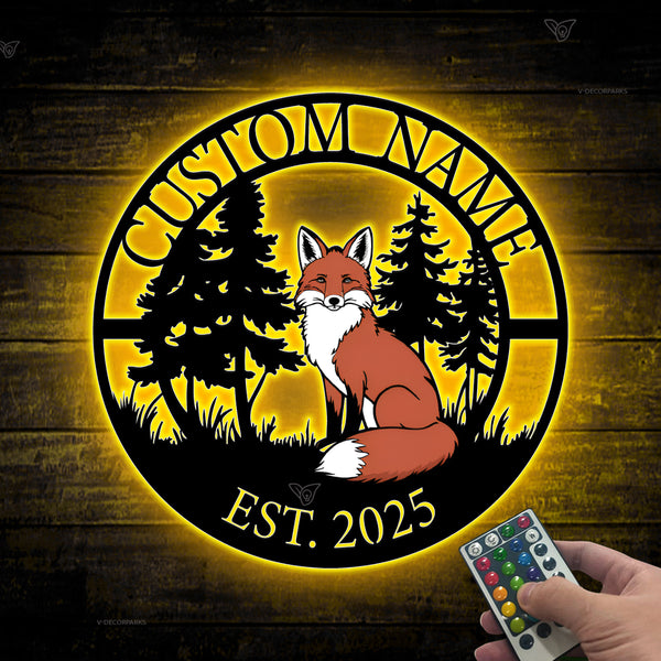 Custom Name Fox Metal Sign With Led Lights, Personalized Wild Fox Monogram Metal Wall Art, Wild Fox Metal Cabin Sign Outdoor Decor